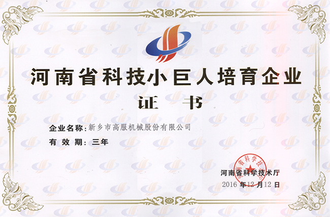河南省科技小巨人培育企业证书